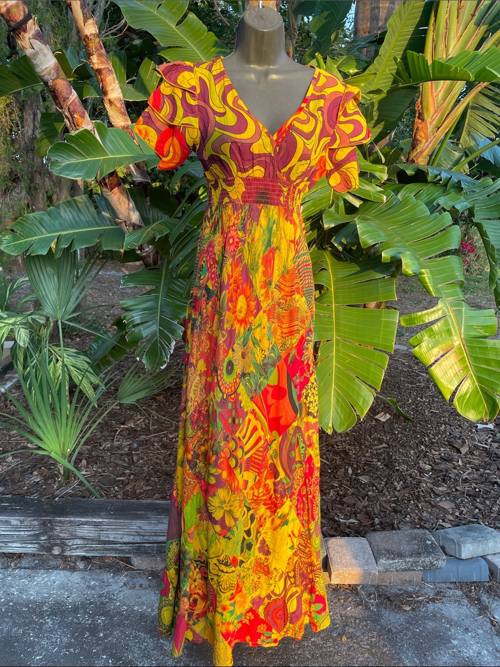 Super bright floral and paisley and retro print patchwork bias cut dress